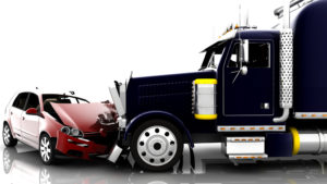 accident between a big truck and smaller red and white car